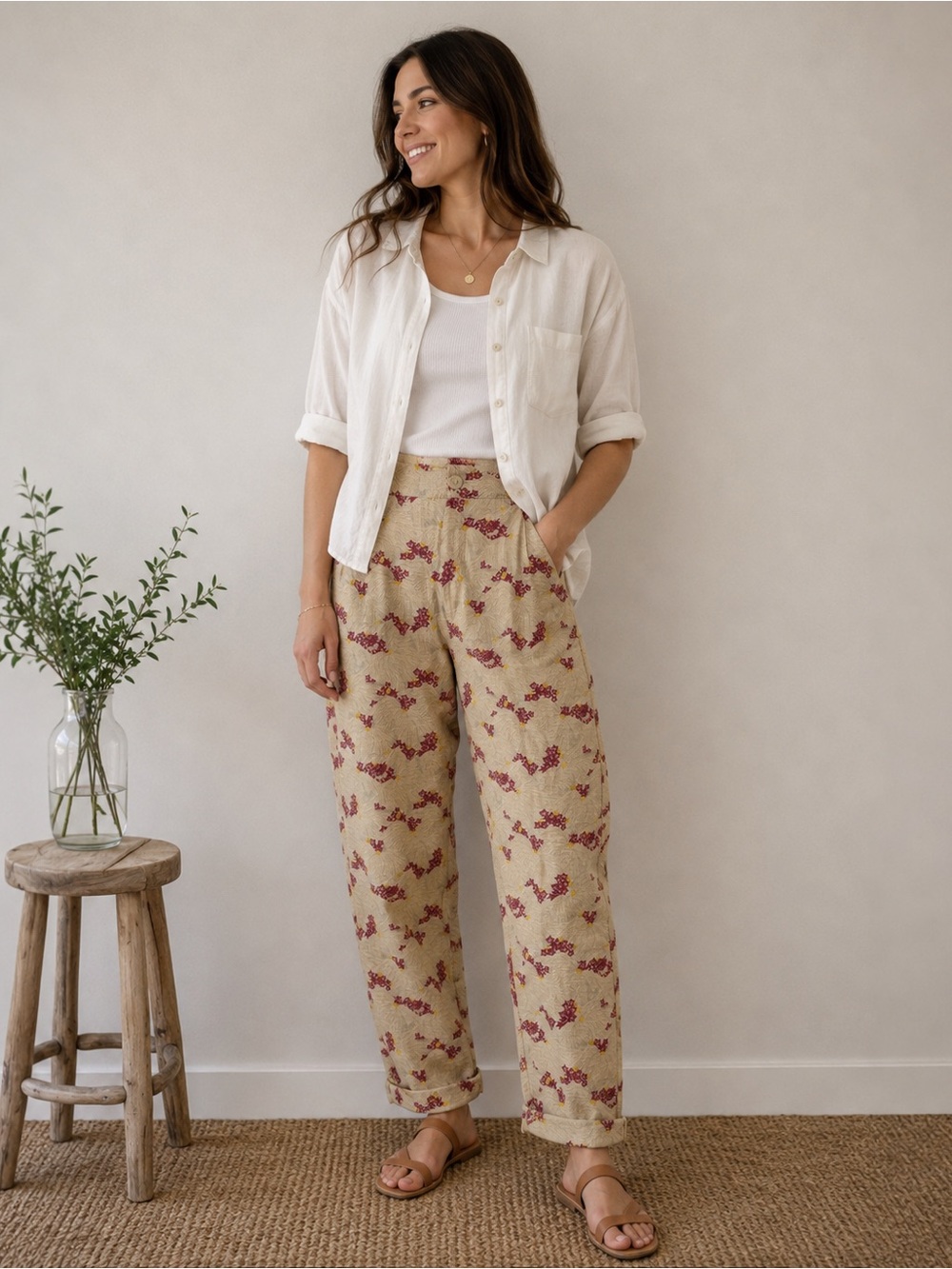 Zara Cream Trousers with Pink Floral Print